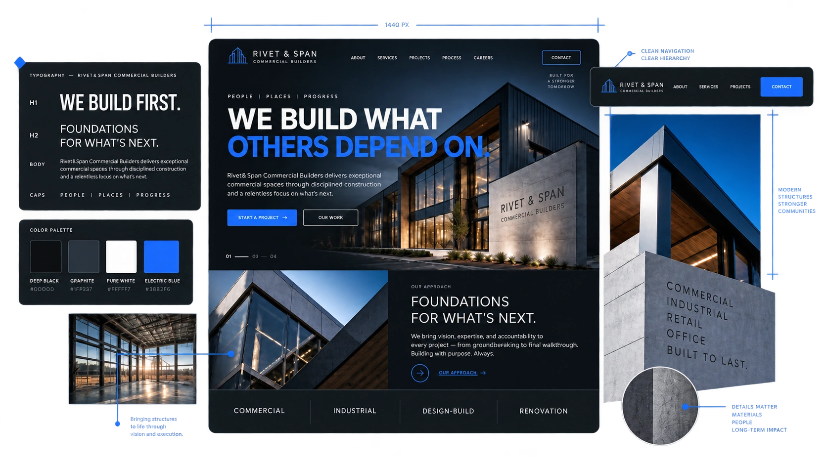 Concept board for the Rivet & Span Commercial Builders homepage: typography, colour palette, photography and the finished desktop layout