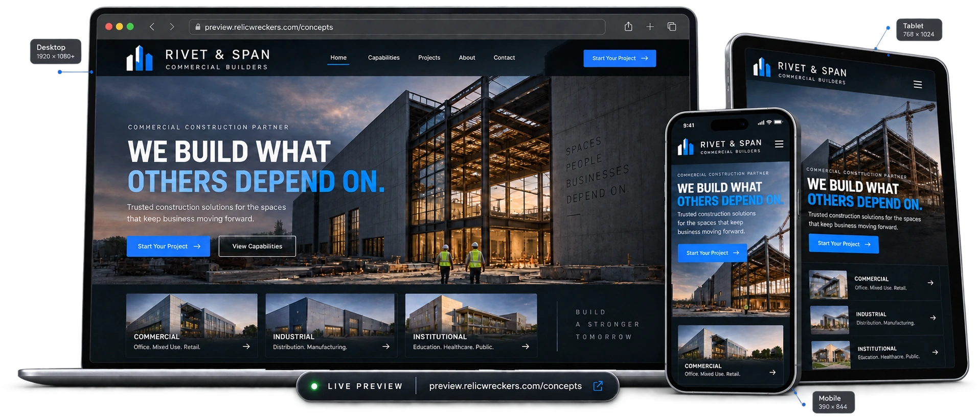 Live preview of the Rivet & Span Commercial Builders site running on a laptop, tablet and phone